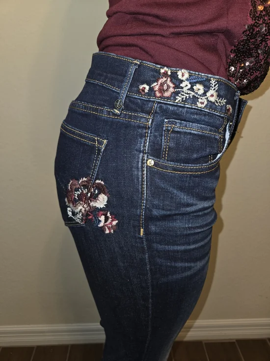 DRIFTWOOD Dark Blue Flare Jeans with Embroidered Panels - Picture 3 of 5